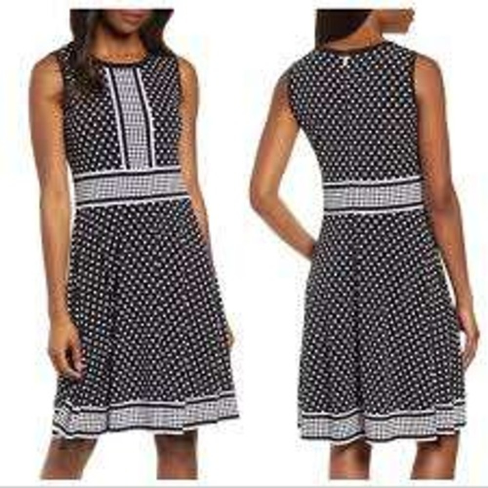 Michael‎ Kors Polka Dot Dress Petite Small Black White Fit Flare Sleeveless P/S